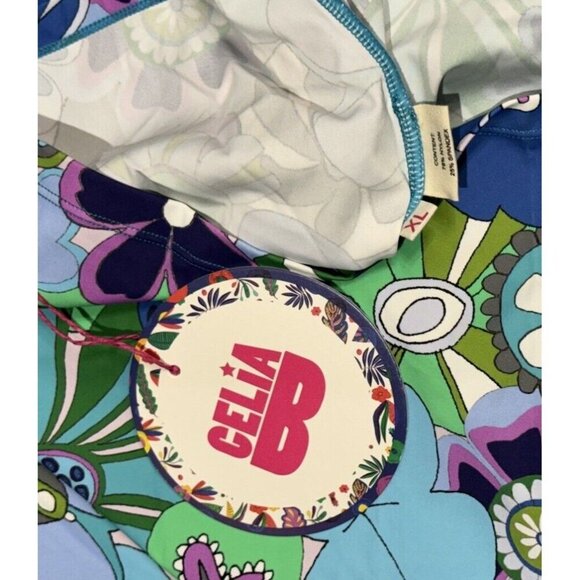 Celia B Sz XL Top Blue Rinnes Floral Retro Long Sleeve Mock Collar CeliaB New - Picture 6 of 6